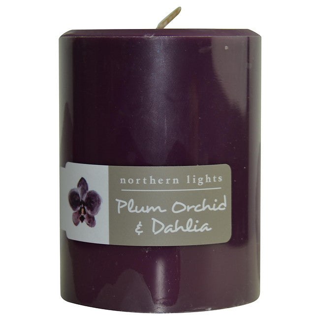 PLUM ORCHID & DAHLIA by  ONE 3x4 inch PILLAR CANDLE.  BURNS APPROX. 80 HRS. Unisex